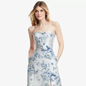 Strapless A-line Floral Satin Gown with Modern Bow Detail